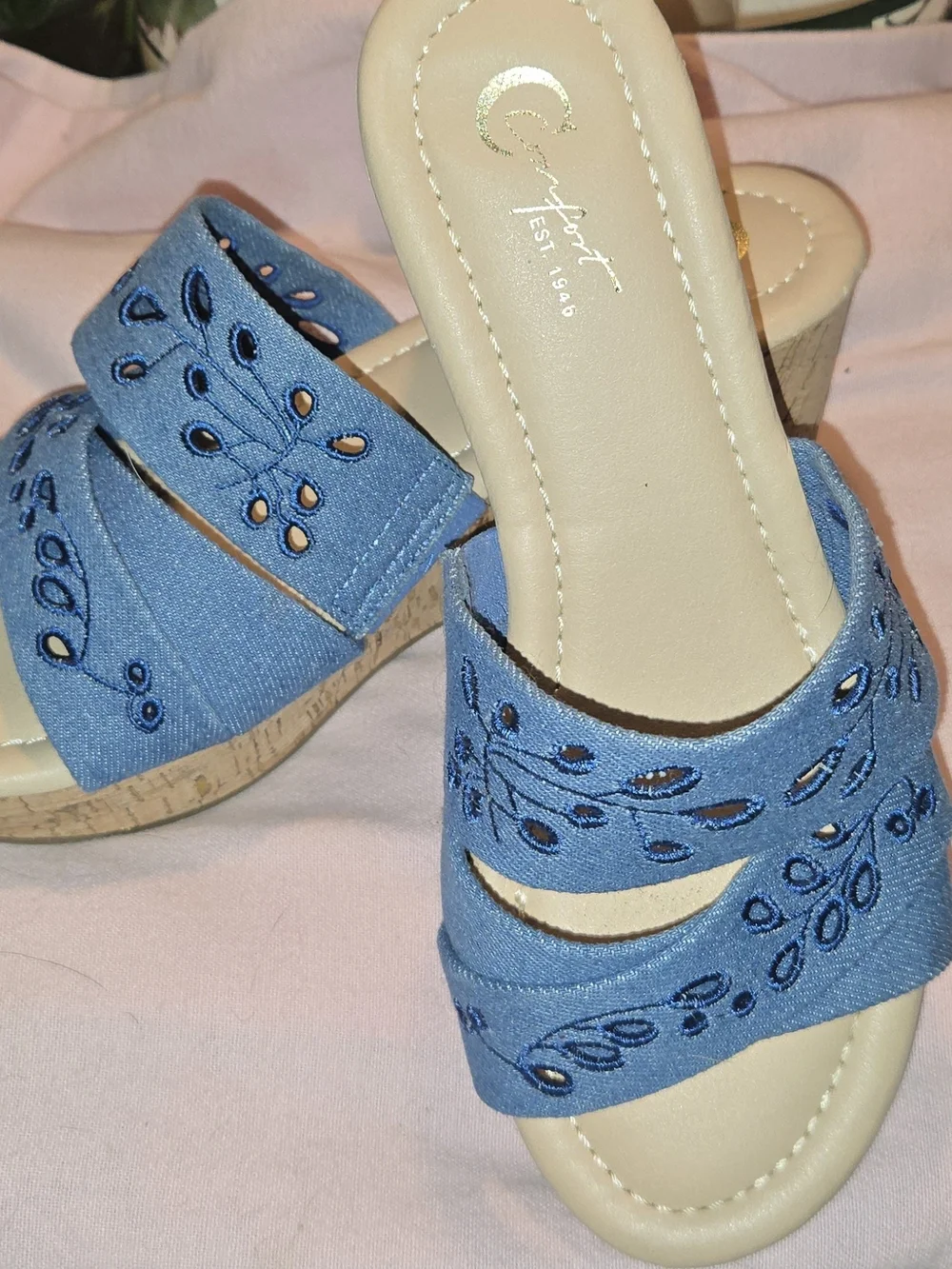 Embroidered Blue Slide Sandals with Cushioned Footbed
